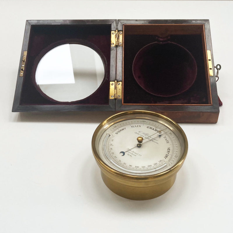 Early Victorian Desk Aneroid Barometer in Burr Walnut Case by CW Dixey London