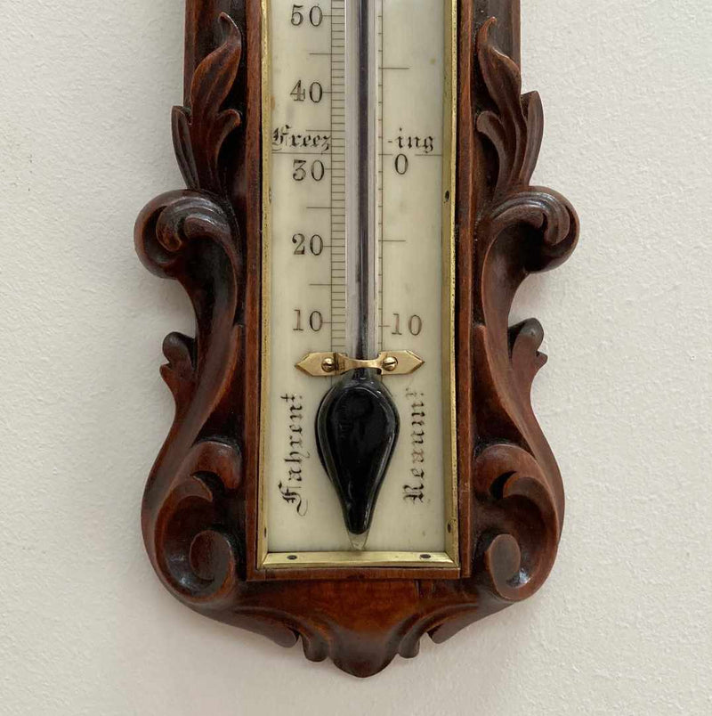 Victorian Carved Walnut Wall Thermometer by William Dixey of 241 Oxford Street London
