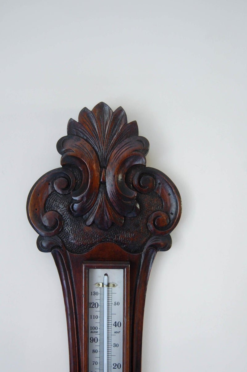 Art Deco Period Carved Oak Aneroid Wheel Barometer with Dial Advertisement for Harry Hall, London - Jason Clarke Antiques