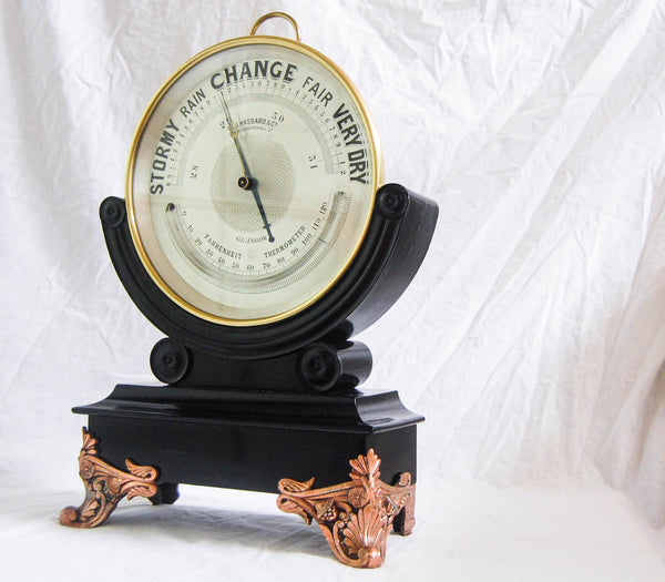 Huge Late Victorian 10" Dial Brass Aneroid Barometer on Ebonised stand by WJ Hassard Opticians Glasgow