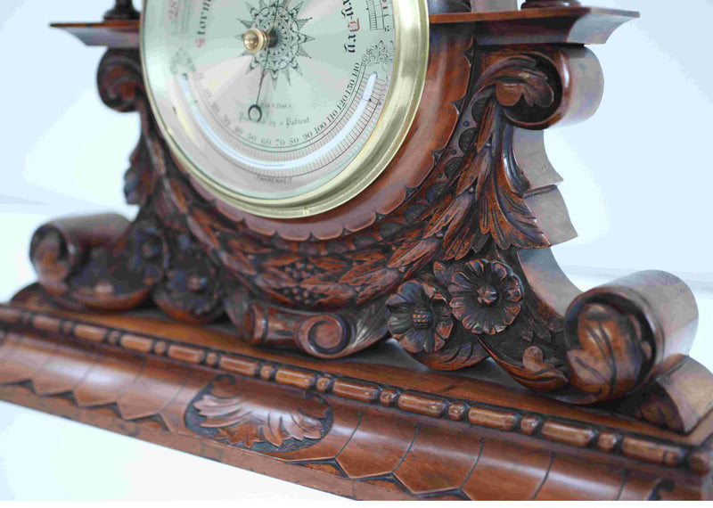 Large Victorian Aneroid Barometer in Carved Walnut Display by James Pitkin London