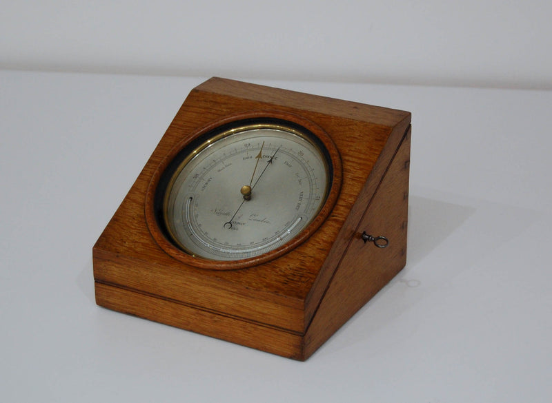 Mid-Victorian Desk Aneroid Barometer in Oak Case by Negretti & Zambra