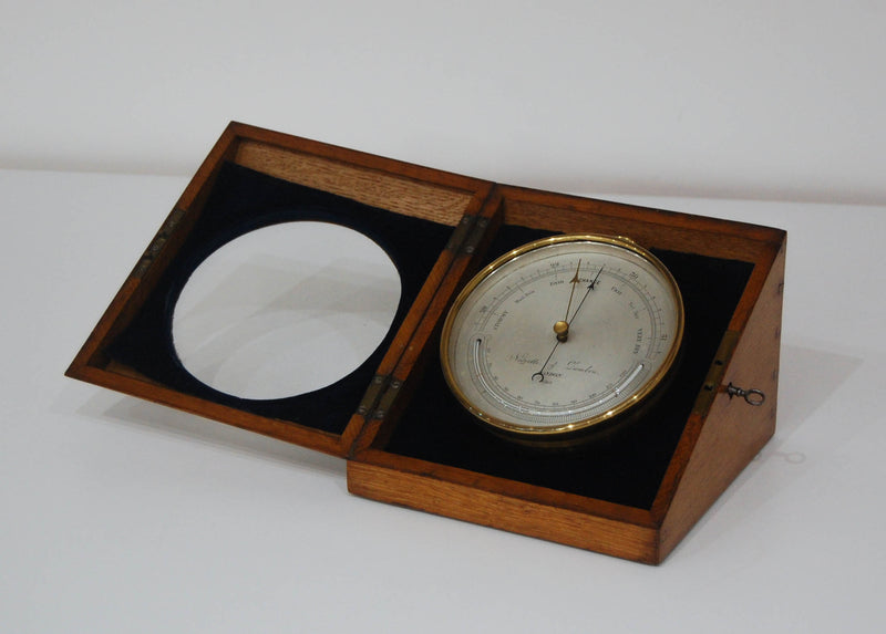 Mid-Victorian Desk Aneroid Barometer in Oak Case by Negretti & Zambra