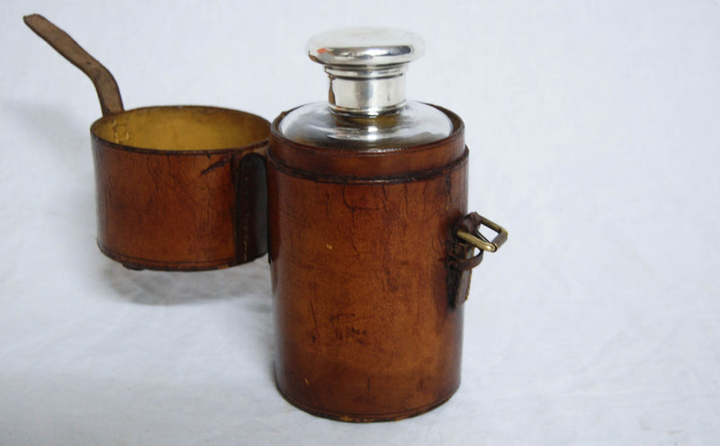 Edwardian Leather Travelling Case with Glass Decanter & Silver Lid by Percy Whitehouse, London 1903
