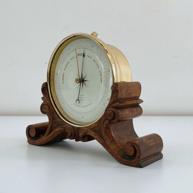 Early Victorian Aneroid Barometer on Carved Oak Stand by Frederick Cox, London
