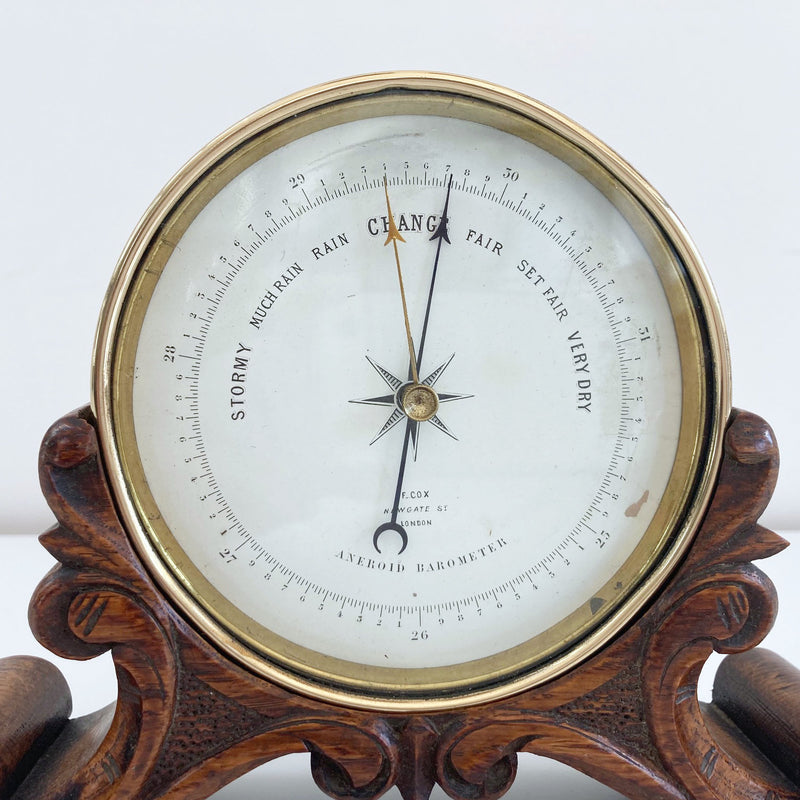 Early Victorian Aneroid Barometer on Carved Oak Stand by Frederick Cox, London
