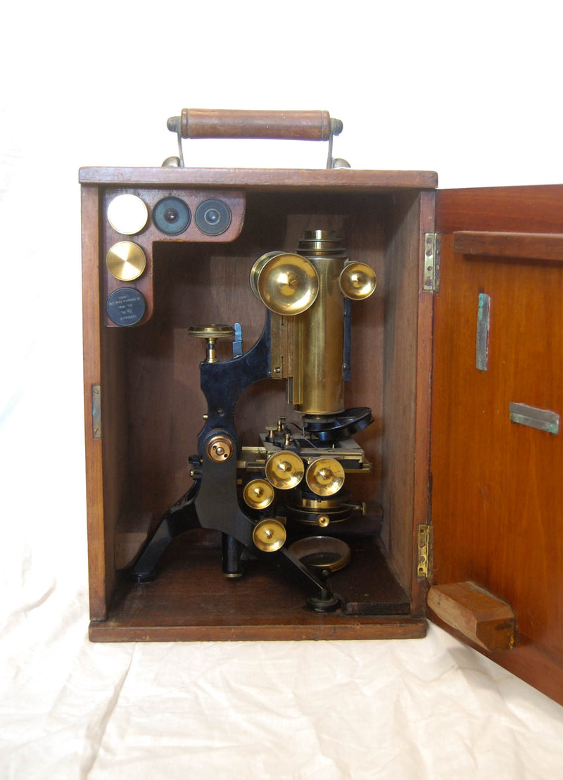 Edwardian Cased Royal Model Microscope by W Watson & Sons, High Holborn, London.