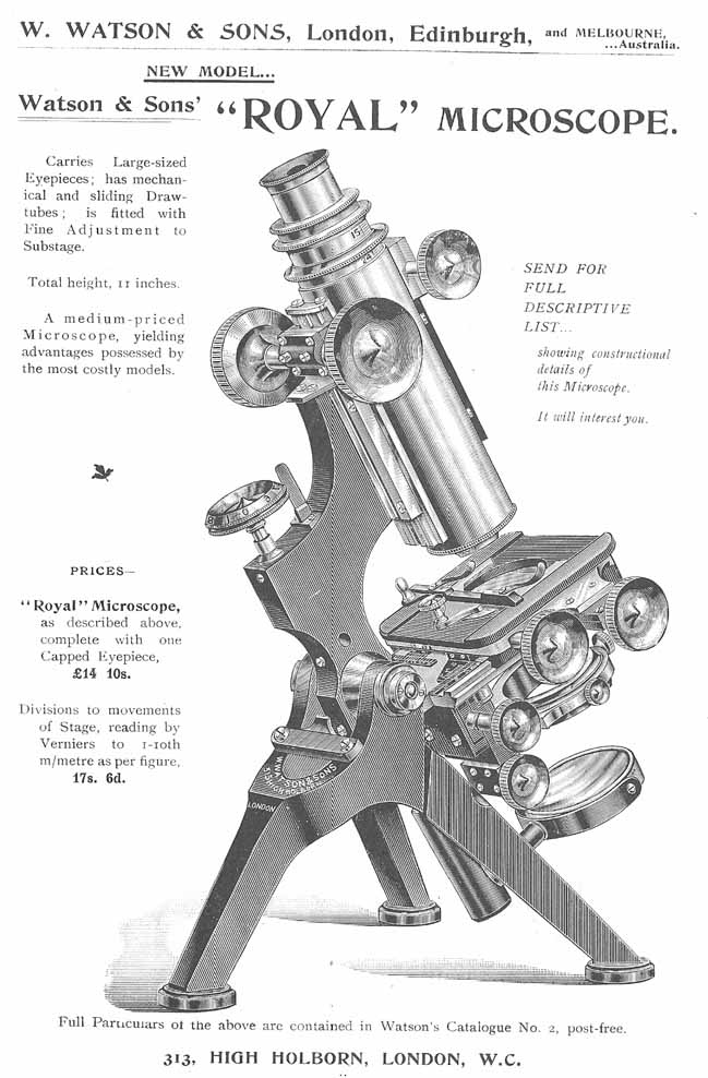 Edwardian Cased Royal Model Microscope by W Watson & Sons, High Holborn, London.